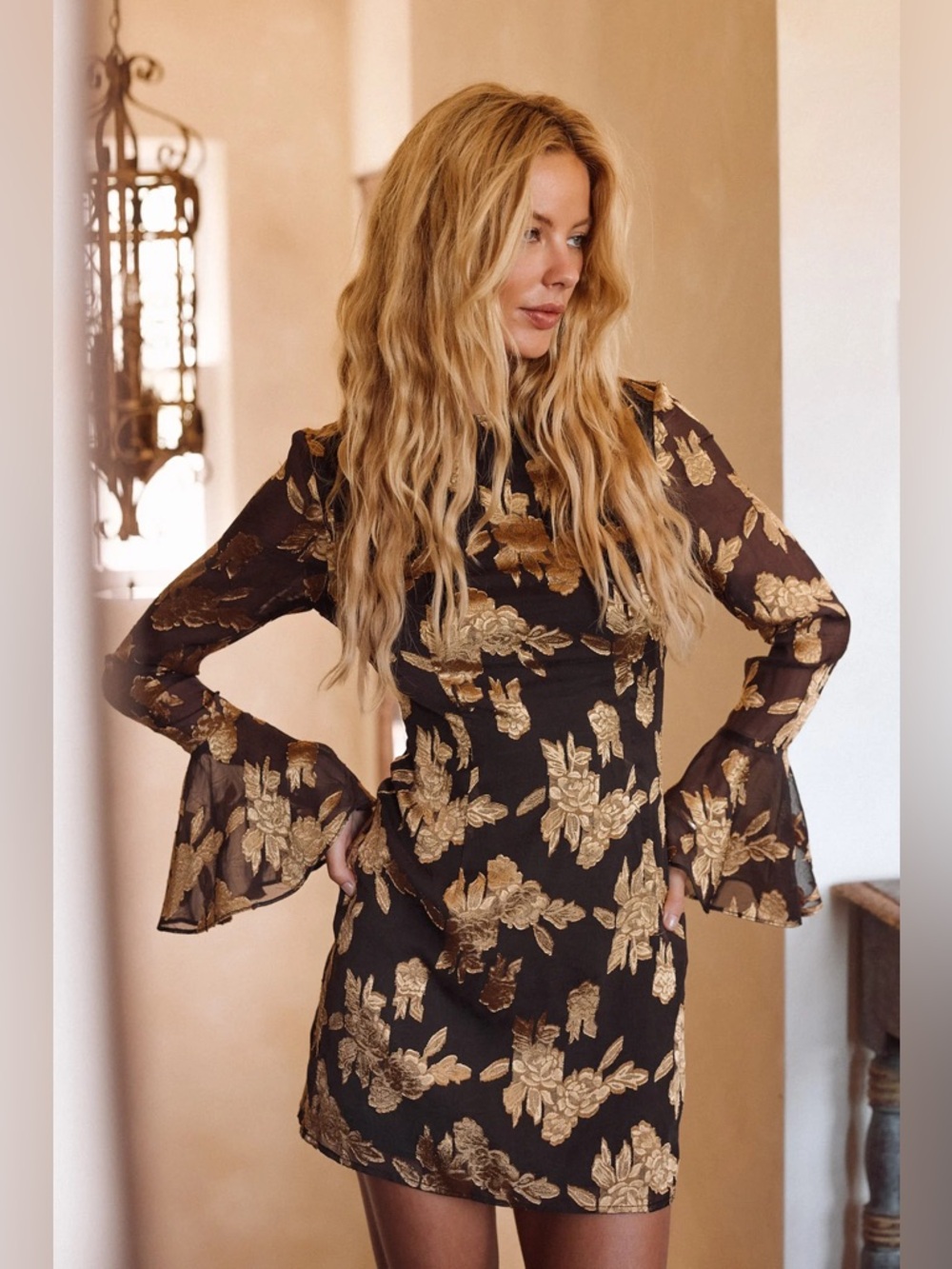 12th Tribe Marissa Gold and Black Floral Mini Dress Size XS